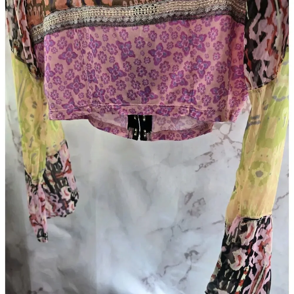 Free People Shirt Womens Large Pink Walk That Patchwork Wide Bell Blouse Crop
